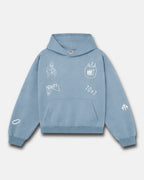 Baby blue My Friend Jesus hoodie by Higher Culture with white Christian line art graphics.